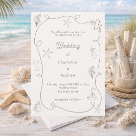 Convites Hand drawn coastal beach taupe sand ivory wedding