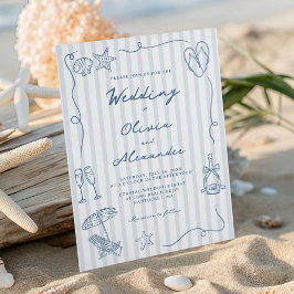Convites Hand Drawn Coastal Dusty Blue Beach Wedding