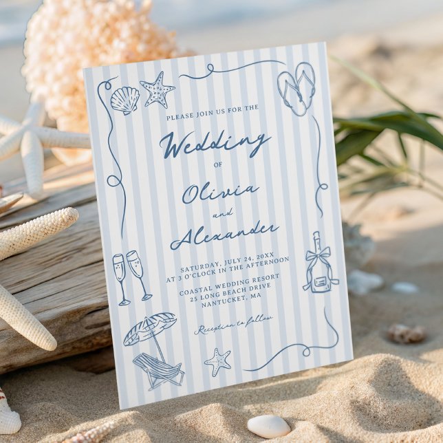 Convites Hand Drawn Coastal Dusty Blue Beach Wedding (Criador carregado)