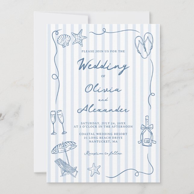 Convites Hand Drawn Coastal Dusty Blue Beach Wedding (Frente)