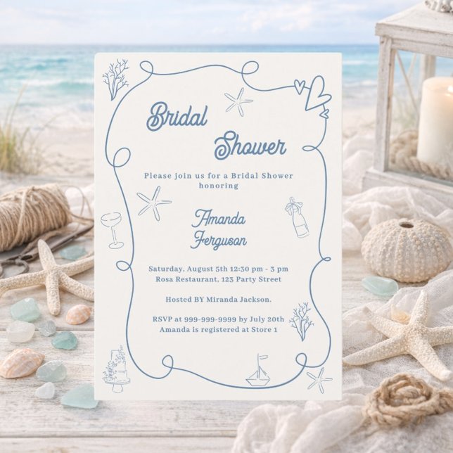 Convites Hand drawn coastal dusty blue ivory Bridal Shower (Criador carregado)