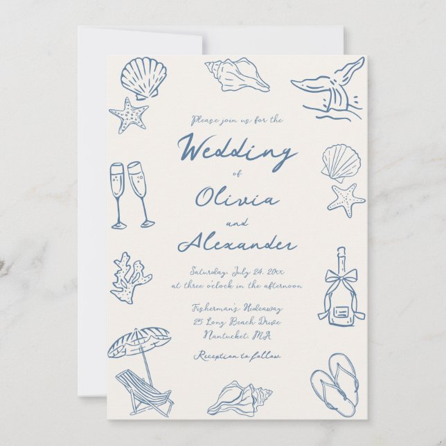 Convites Hand Drawn Coastal Whimsical Doodle Beach Wedding (Frente)