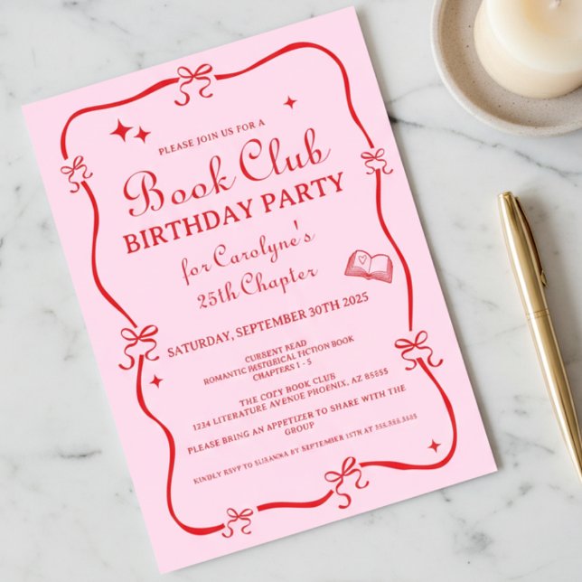 Convites Hand Drawn Coquette Pink Red Book Club Invitation (red and pink hand drawn doodle coquette bow book club birthday new chapter invitation)
