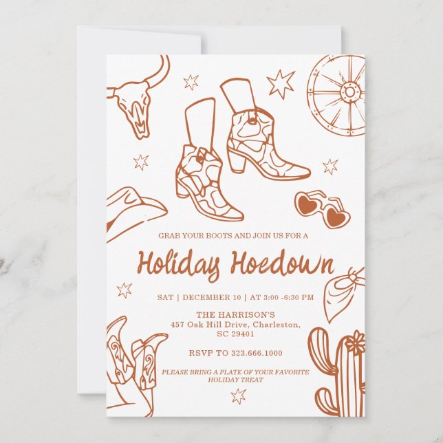 Convites hand drawn Cowboy Boots Holiday Celebration, (Frente)