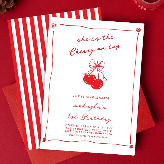 Convites Hand Drawn Cute Cherry On Top Red 1st Birthday (Criador carregado)