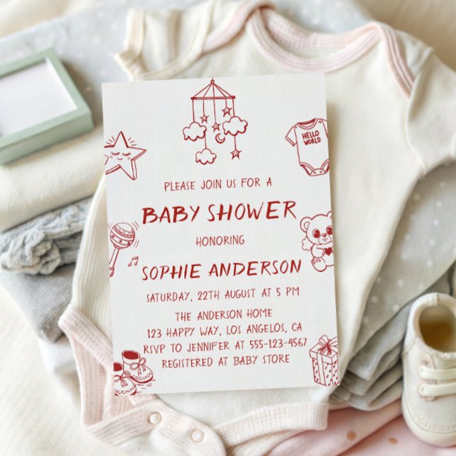 Convites Hand Drawn Cute Red Doodle Baby Shower (Criador carregado)