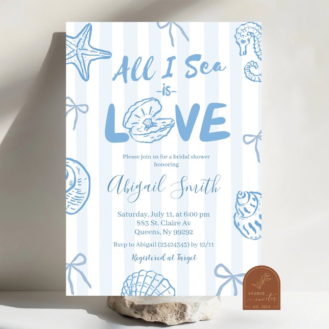 Convites Hand Drawn Doodle Blue All I sea is love bridal (Criador carregado)