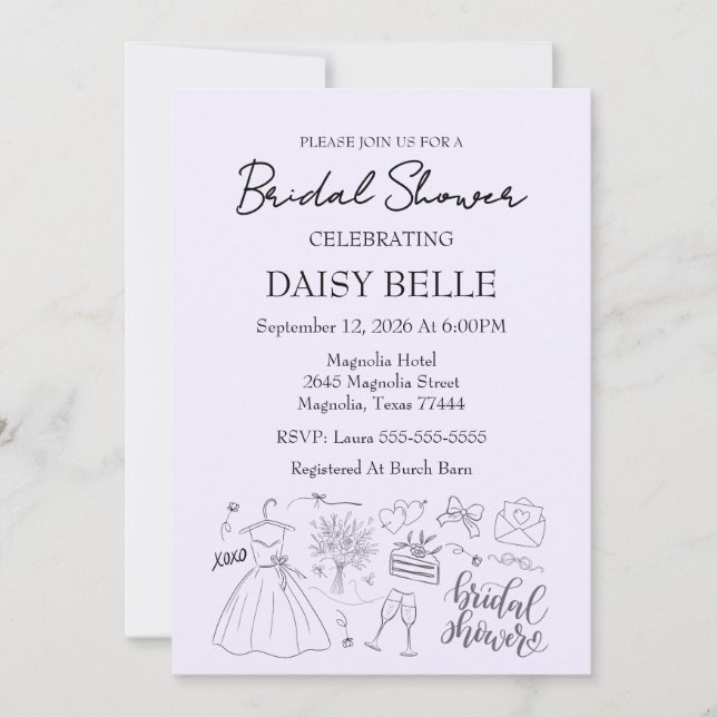 Convites Hand Drawn Doodle Bridal Shower (Frente)