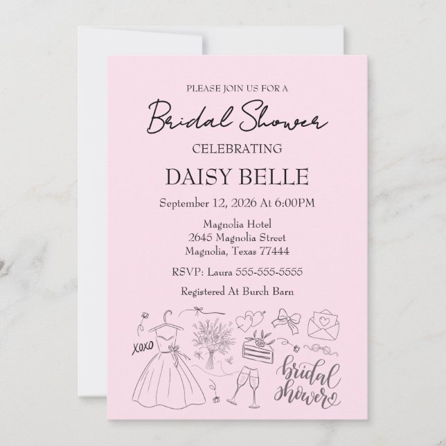 Convites Hand Drawn Doodle Bridal Shower Pink (Frente)