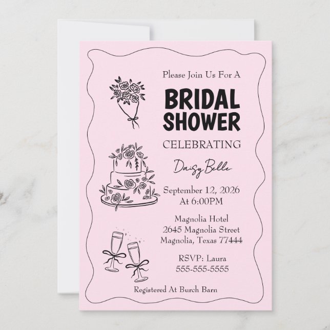 Convites Hand Drawn Doodle Bridal Shower Pink (Frente)