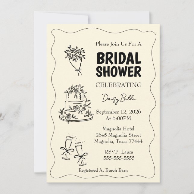 Convites Hand Drawn Doodle Bridal Shower Yellow (Frente)