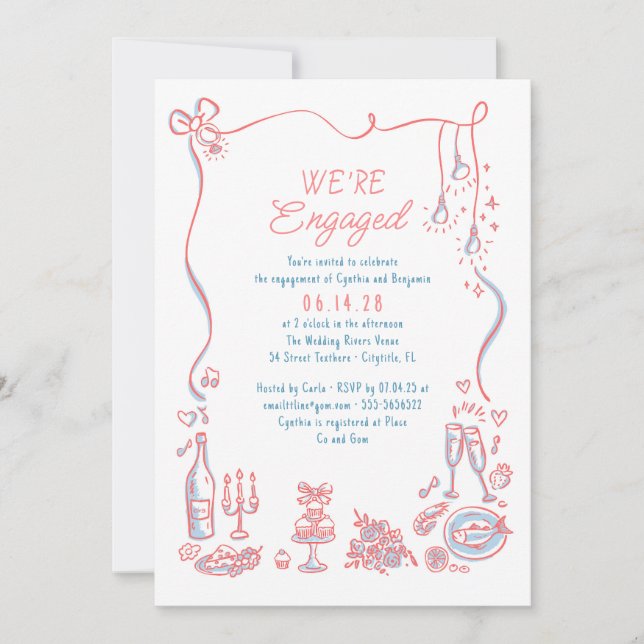 Convites Hand Drawn Doodle Funky Whimsical Engagement Party (Frente)