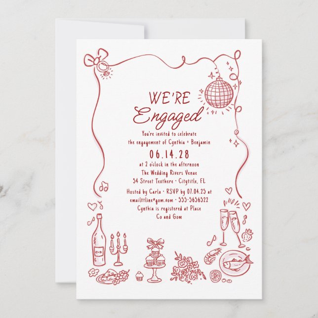 Convites Hand Drawn Doodle Funky Whimsical Engagement Party (Frente)