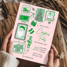 Hand Drawn doodle green pink christmas party
