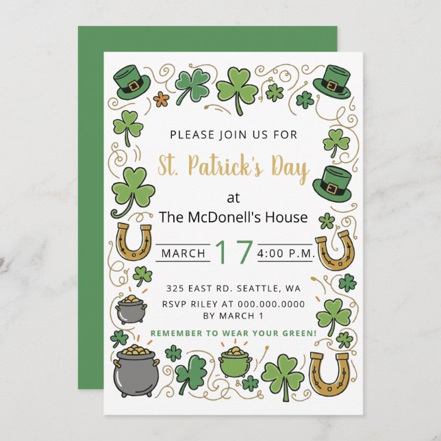 Convites Hand Drawn Doodle Whimsical St Patricks Day  (Frente/Verso)