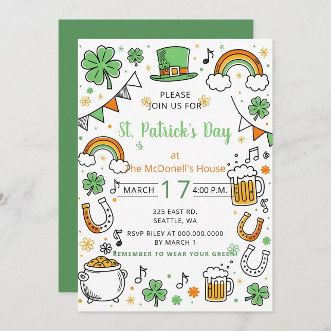 Convites Hand Drawn Doodle Whimsical St Patricks Day  (Frente/Verso)