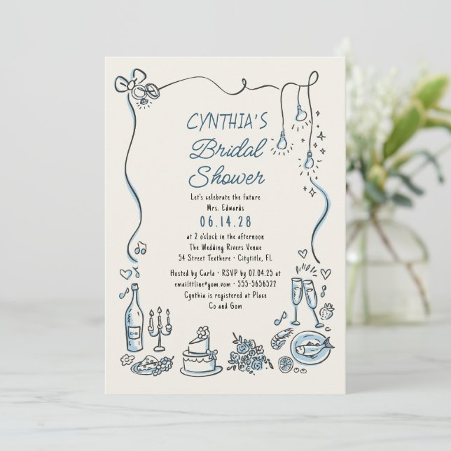 Convites Hand Drawn Doodles Funky Whimsical Bridal Shower (Em pé/Frente)