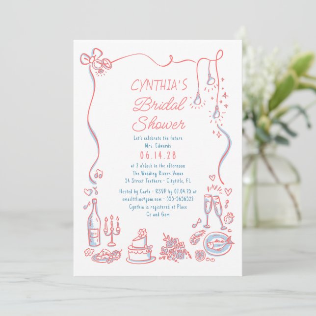 Convites Hand Drawn Doodles Funky Whimsical Bridal Shower (Em pé/Frente)