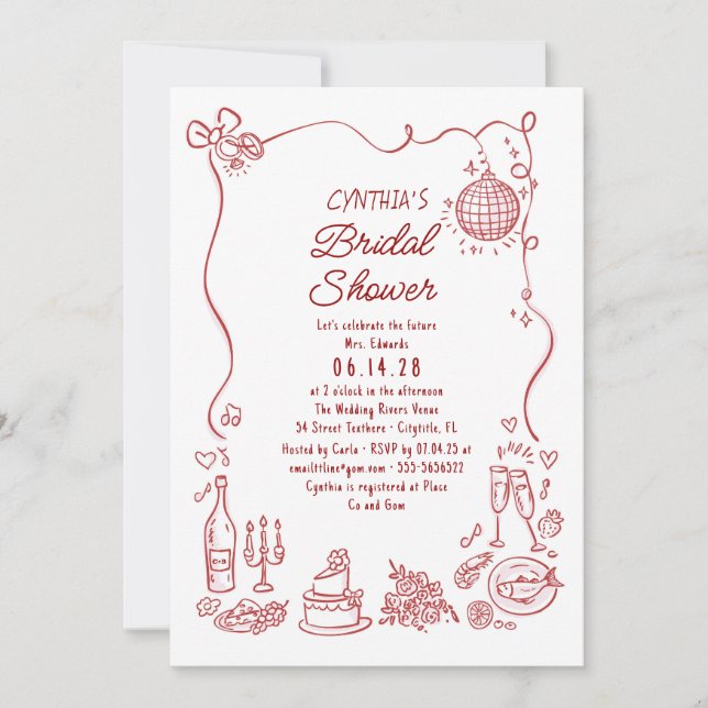 Convites Hand Drawn Doodles Funky Whimsical Bridal Shower (Frente)