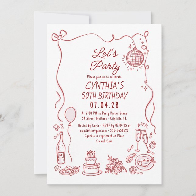 Convites Hand Drawn Doodles Whimsical Quirky Adult Birthday (Frente)