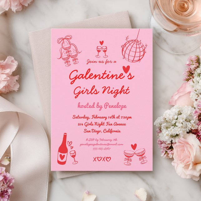 Convites Hand Drawn Galentine's Girls Night Party (Criador carregado)