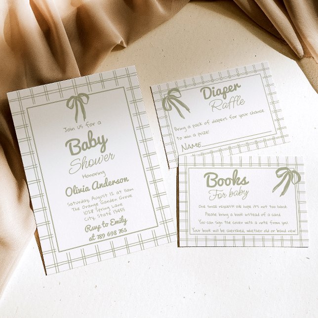 Convites Hand Drawn Green Bow Gingham Neutral Baby Shower (Criador carregado)