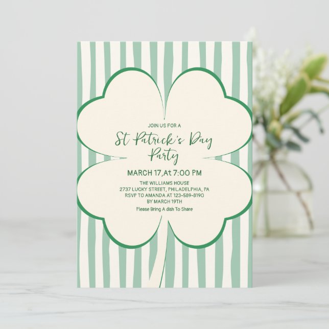 Convites Hand Drawn Green Clover & Stripes St Patrick's Day (Em pé/Frente)