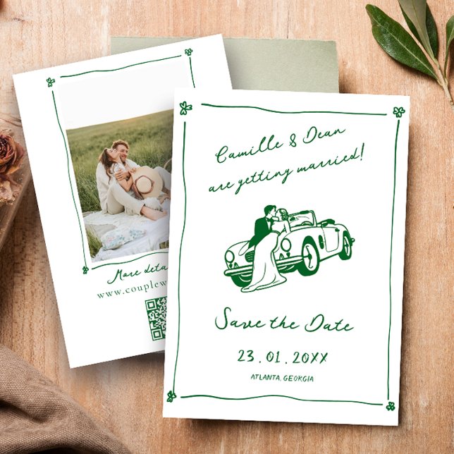 Convites  Hand Drawn Green Save the Date photo QR Code (Criador carregado)