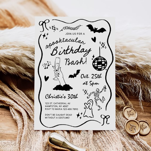 Convites Hand Drawn Halloween Adult Birthday Party (Criador carregado)