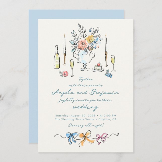 Convites Hand Drawn Illustrations Whimsical French Wedding (Frente/Verso)