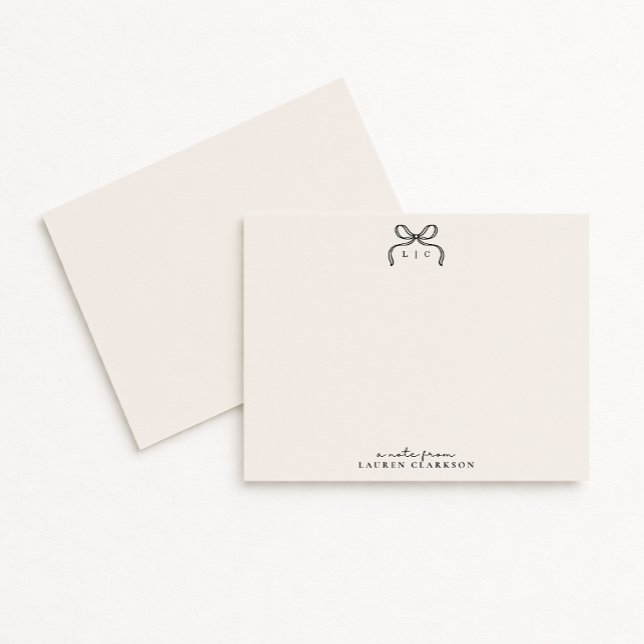 Convites Hand Drawn Ivory and Black Bow Monogram Note Card (Criador carregado)