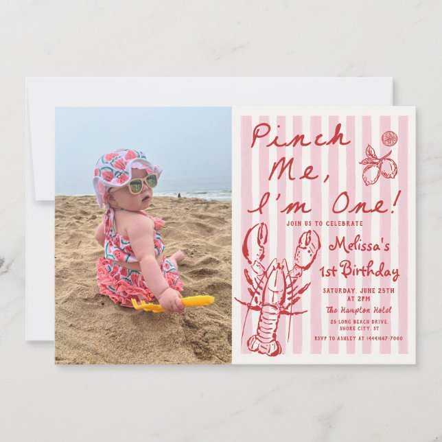 Convites Hand Drawn Lobster 1st Birthday Photo Invitation (Frente)