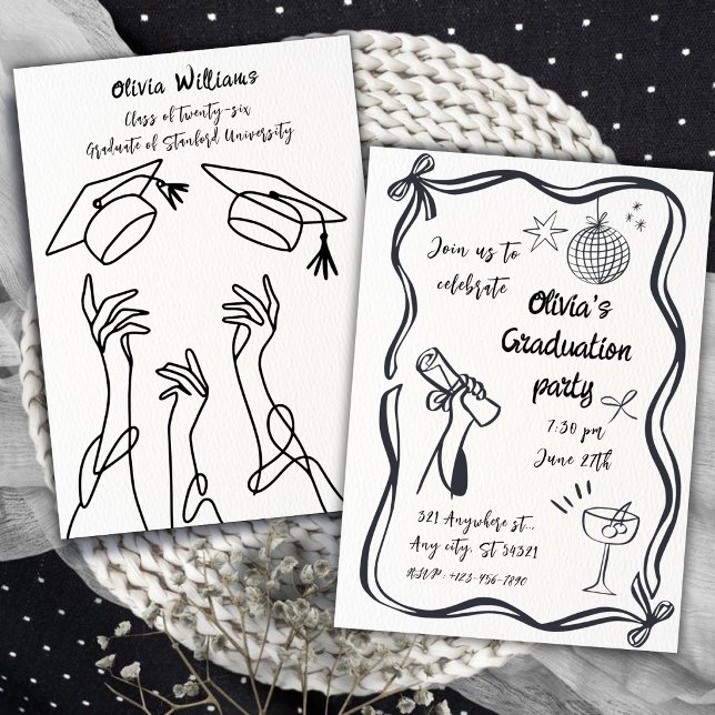 Convites Hand Drawn Minimalist Black White Graduation Party (Criador carregado)