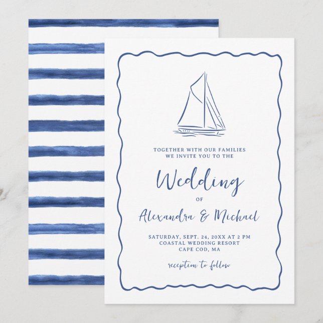 Convites Hand Drawn Nautical Sailboat Navy Blue Wedding (Frente/Verso)