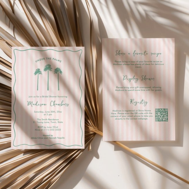 Convites Hand-Drawn Palm Springs Pink Green Bridal Shower (Preppy pink and green Palm Springs Bridal Shower invitation with hand drawn fan palms & wavy border)