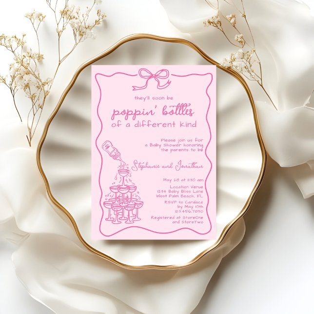 Convites Hand Drawn Pink Bottle Champagne Tower Baby Shower (Criador carregado)