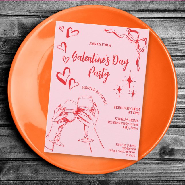 Convites Hand Drawn Pink Red Galentine's Day Cocktail Party (hand drawn whimsical red and pink Galentine's party)