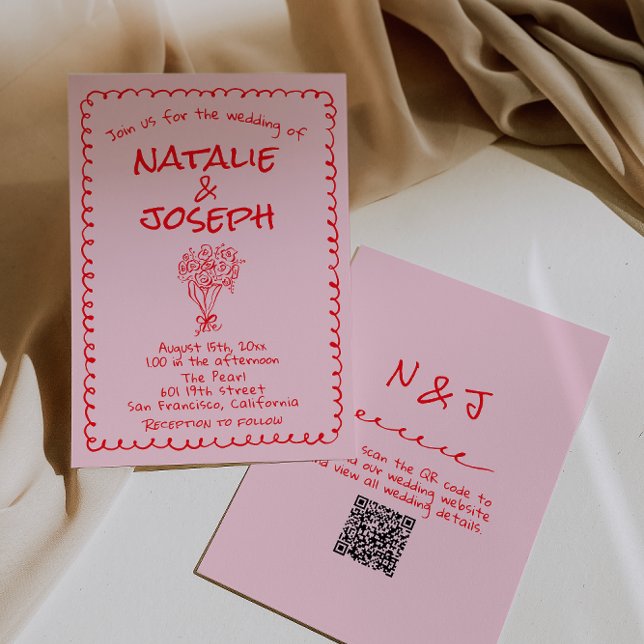 Convites Hand Drawn Pink Red Retro QR Code Wedding (Criador carregado)