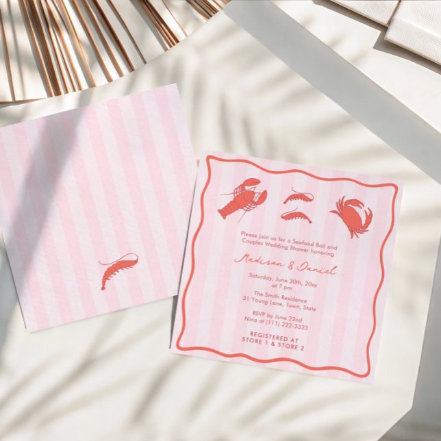 Convites Hand-Drawn Pink Red Seafood Boil Couples Shower (Modern Pink Red Orange Hand-drawn seafood boil couples shower invitations with stripes + wavy border)