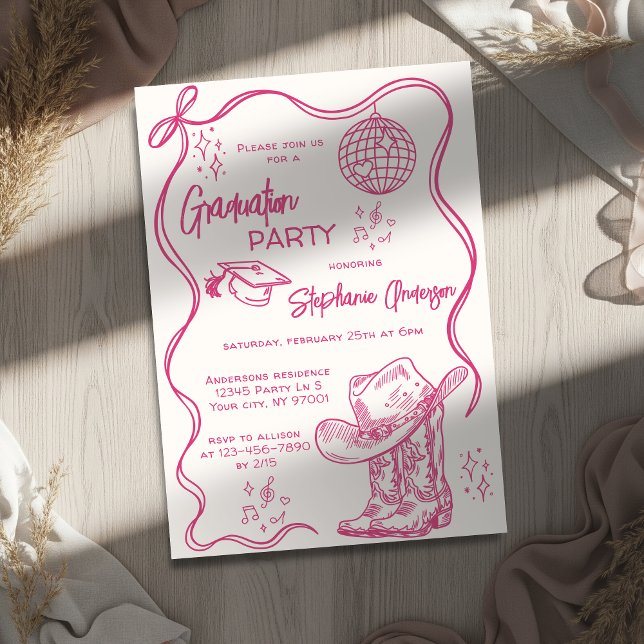 Convites Hand Drawn Pink Western Disco Graduation Party (Criador carregado)