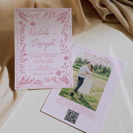 Convites Hand Drawn QR Code Floral Garden Photo Wedding