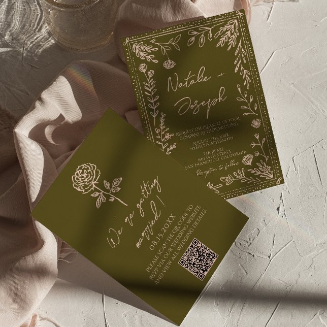 Convites Hand Drawn QR Code Grasslands Floral Wedding (Criador carregado)