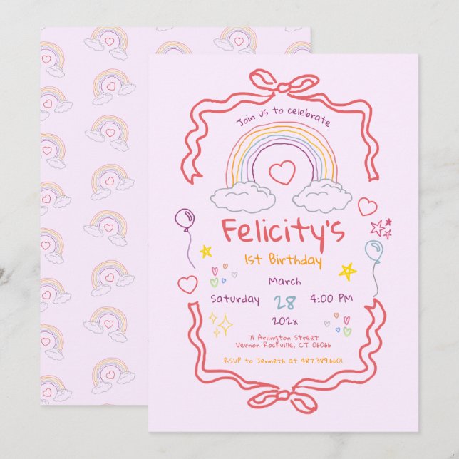 Convites Hand Drawn Rainbow Whimsical Birthday (Frente/Verso)