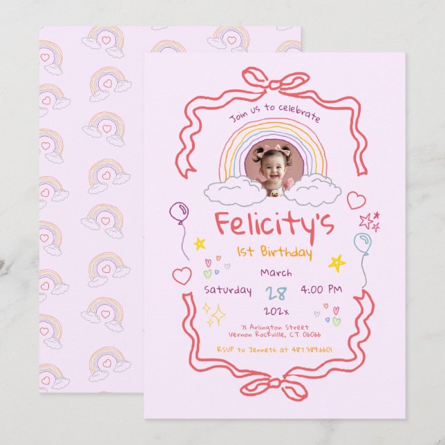 Convites Hand Drawn Rainbow Whimsical Birthday Photo (Frente/Verso)