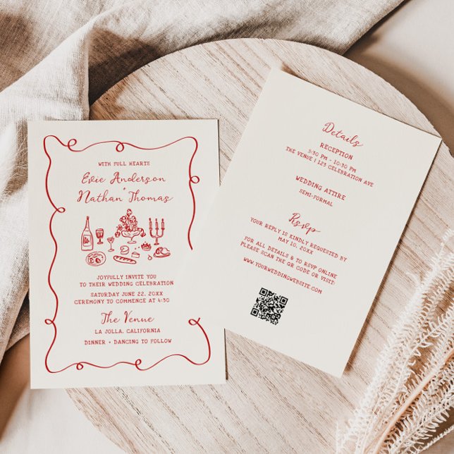 Convites Hand Drawn Red All in One Wedding  (Criador carregado)