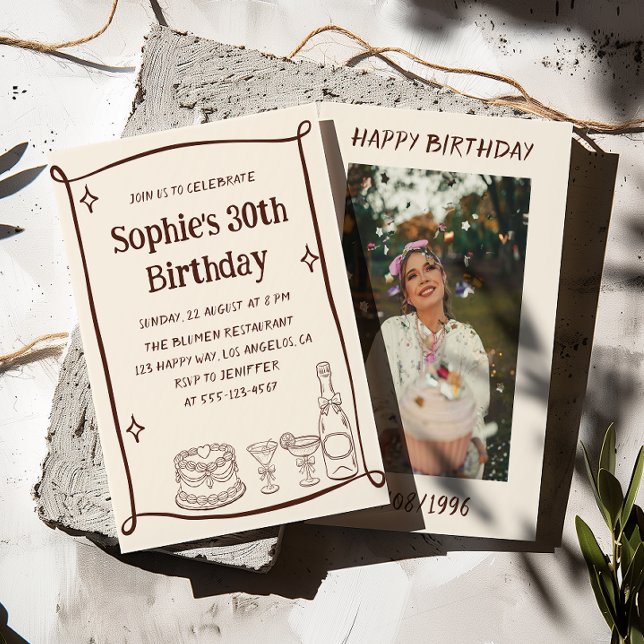 Convites Hand Drawn Red & Cream 30TH Birthday Photo  (Criador carregado)