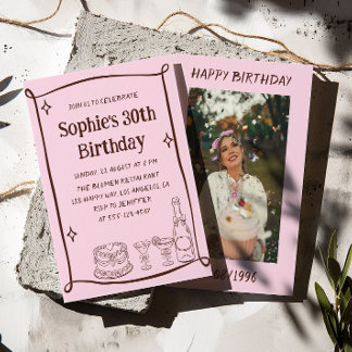 Convites Hand Drawn Red & Pink 30TH Birthday Photo