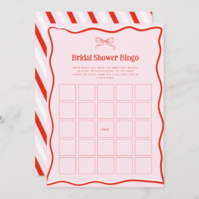 Convites Hand Drawn Red Pink Bow Bridal Shower Bingo Game (Frente/Verso)