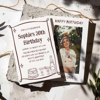 Convites Hand Drawn Red & White 30TH Birthday Photo