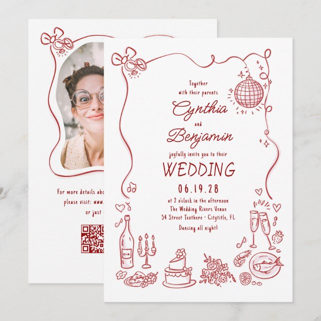 Convites Hand Drawn Retro Whimsical Burgundy Wedding Photo (Frente/Verso)